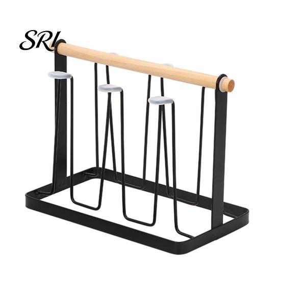 Nordic Style Cup Holder Iron Drying Rack with Wood Handle & Drip Tray Baby Bottle Plastic Dryer Space-Saving Countertop Organizer for Mugs Glasses