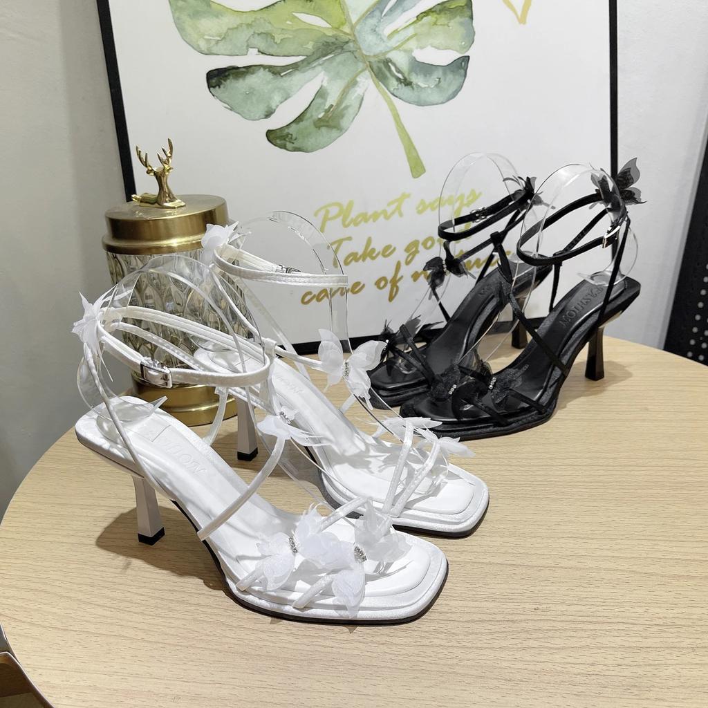 Sandały Damskie Lato Nowa Marka Sandały na Obcasie z Motylem dla Pań Słodkie Odkryte Palce Pasek na Kostce Buty dla Dziewcząt Sukienka na Imprezę