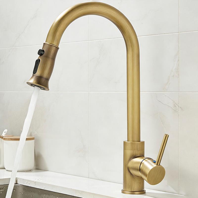 Elegant European-Style Brass Kitchen Faucet with Pull-Out Sprayer for Hot and Cold Water