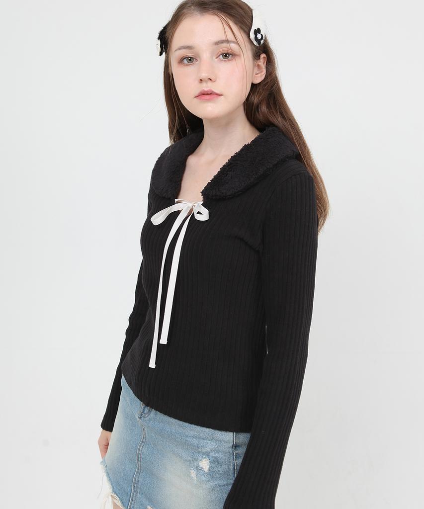 CATTLINE Fur Collar Knit T-Shirt (Black)