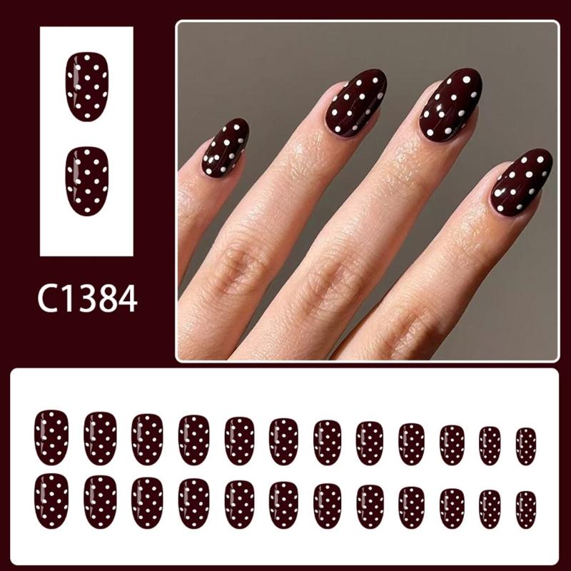 French Style False Nail Wine Red White Dots Multiple Size Easy Application Long Lasting Press On Nail for Women