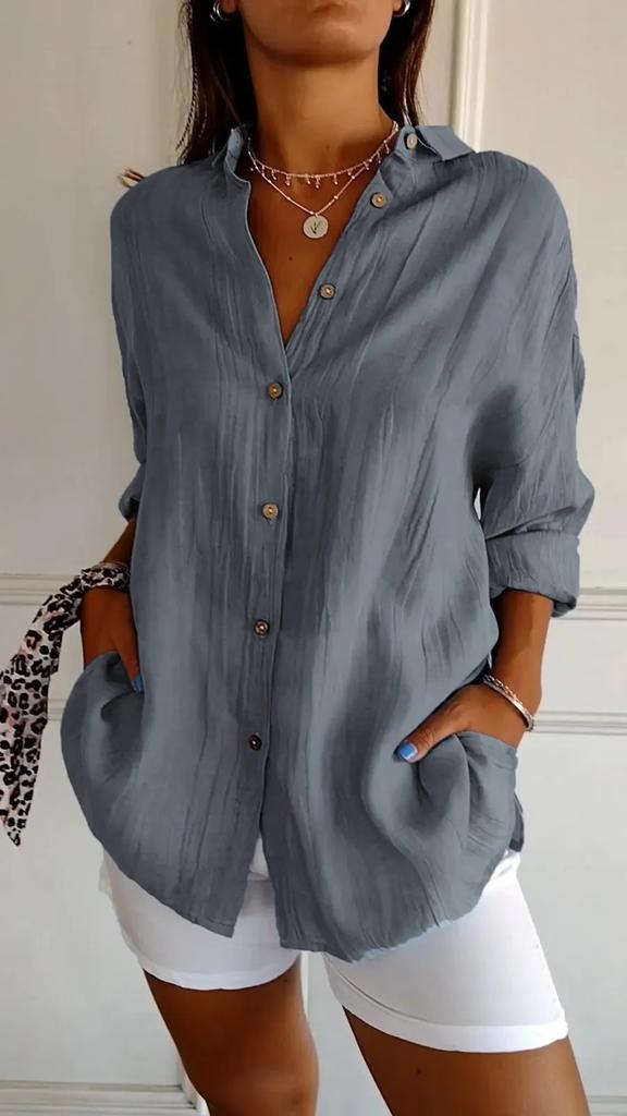 VEZFAA Women's Fashion Casual Spring Autumn Solid Color Print Long Sleeve POLO Neck Blouses & Shirts