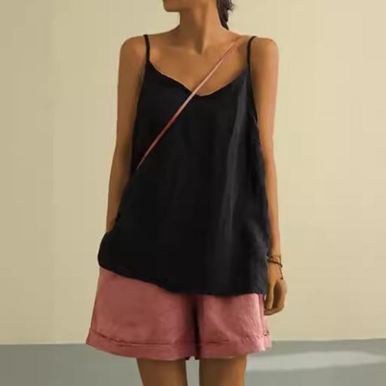 Top da Donna Scollo a V Senza Maniche Canottiere Colore Puro Vestibilità Larga Spalline Sottili Gilet Casual Estivo per Esterno