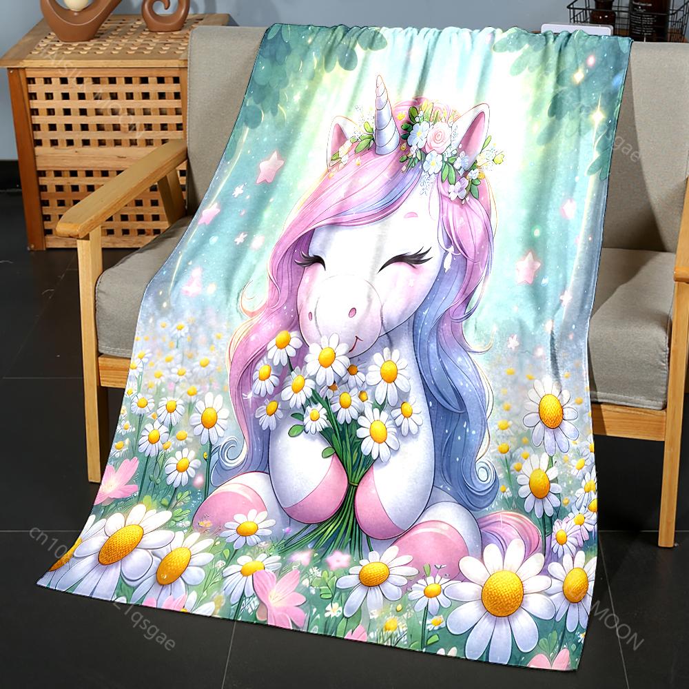 Cartoon Unicorns and Daisies Print Blanket Warm Soft Luxury Gifts for Children Adults Suitable for Home Sofa Bed Travel RV