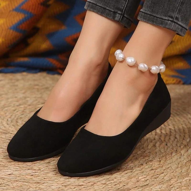 Fashion Classic Black Women Wedge Single Shoes Lightweight Slip On Office Work Shoes Woman Comfortable Soft Sole Casual Footwear Female