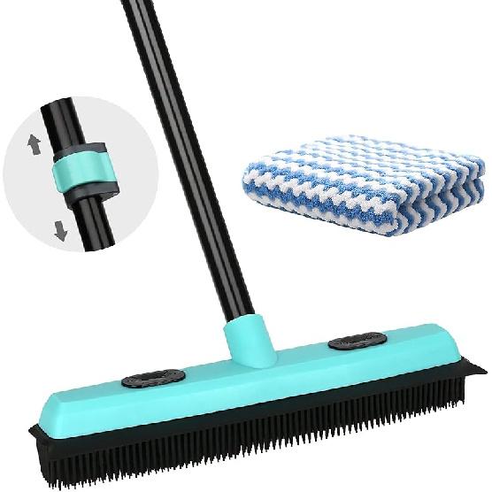 Rubber Broom Carpet Rake for Pet Hair Removal, Fur Remover Broom with 59  Telescoping Long Handle, Pet Hair Broom with Squeegee for Carpet, Hardwood Elegant Blue Rubber Broom