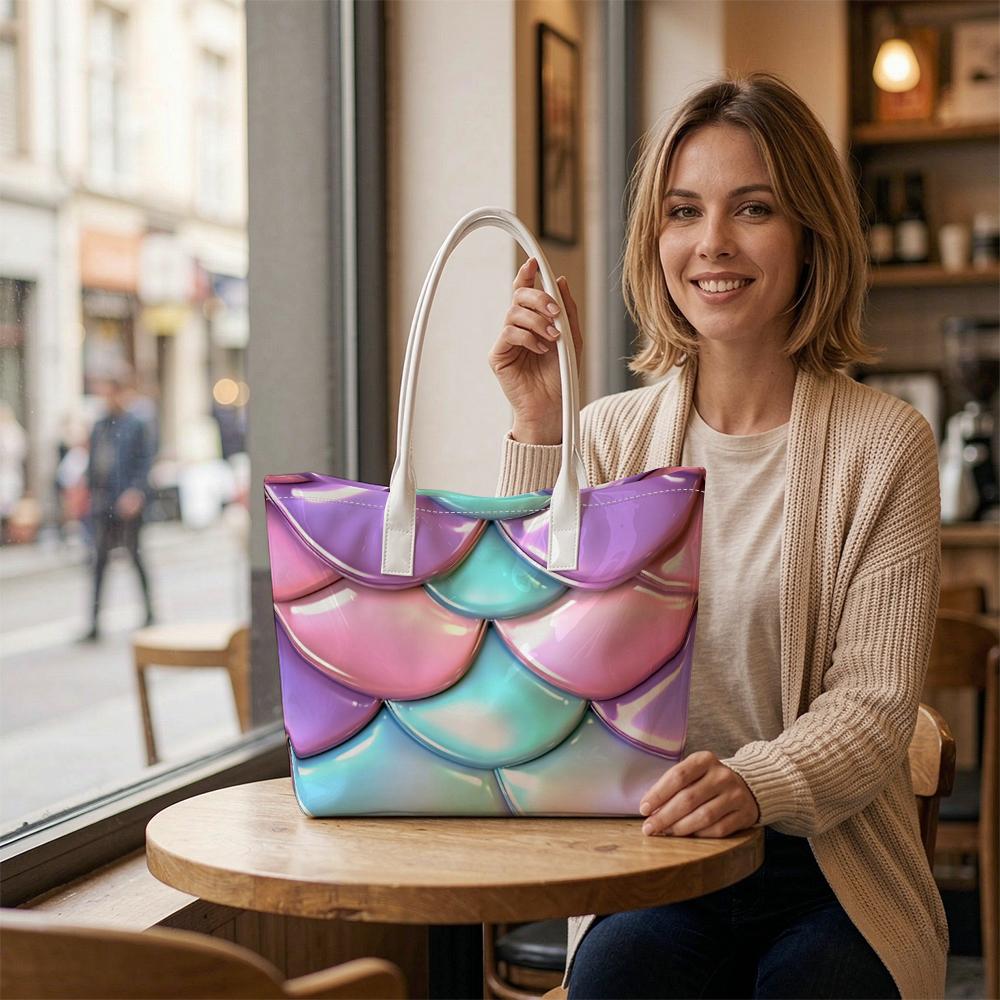 Iridescent Mermaid Scales Shoulder Bag Casual Large Capacity Top Handle Tote Bag for Daily Use