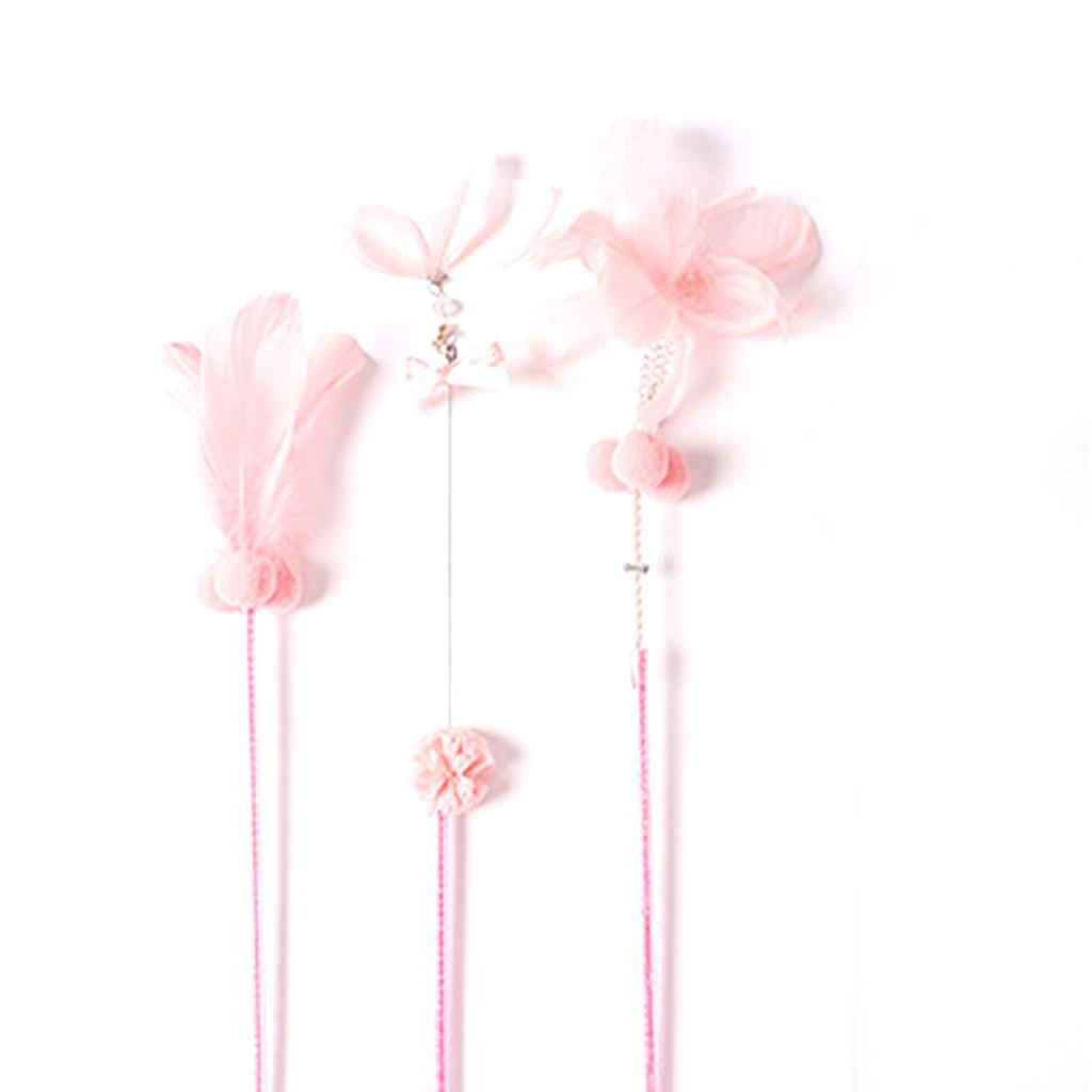 3Pcs Cat Teaser Wand Interactive Cat Feather Toy with Bell for Cat Kitten Playing Pink