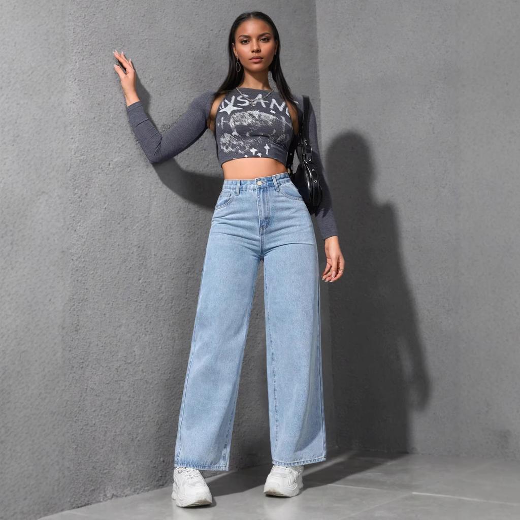 Jeans da Donna a Vita Alta Gamba Larga Vestibilità Larga Tendenza Street Denim Pantaloni 2025 Primavera Lavati Monocolore Dettaglio Bottone Pantaloni Lunghi
