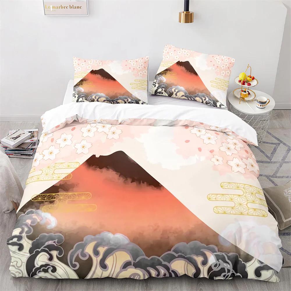 უკიიო-ე იაპონური სტილის საბნის პირსაცმის ნაკრები პოლიესტერის საწოლის თეთრეულის ნაკრები საკურას ყვავილებით, თოვლიანი მთით, საბნის პირი, მეფის, დედოფლის, სრული ზომა