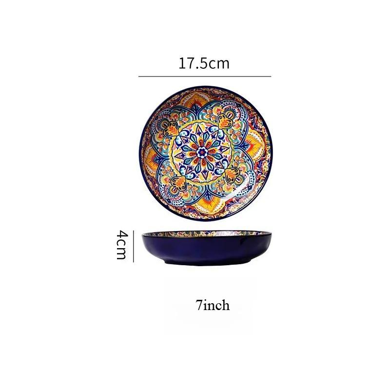 Bohemian Hand Painted Ceramic Plate 7/8 Inch, Colorful Mandala Porcelain Dinner Plate, Vintage Decorative Serving Dishes for Kitchen Dining Home Decor