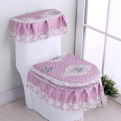 

Бытовая подушка на сиденье унитаза, комплект из трех предметов, кружевной тканевый коврик для унитаза, европейский стиль, цветы, крышка на сиденье унитаза