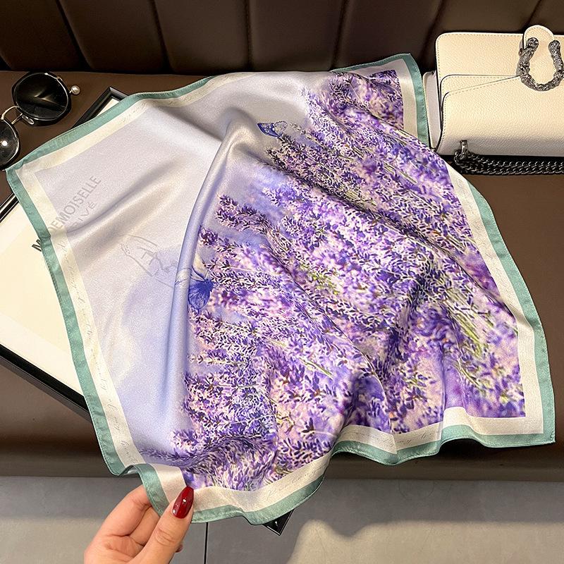 Lightweight Retro Pastoral Violet Floral Silk Scarf - Women's Spring/Summer Square Neck Scarf