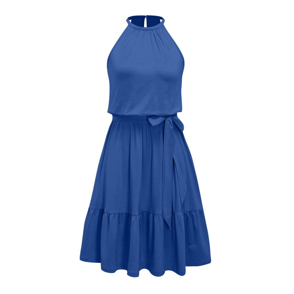 Women's Fashion Draped Sleeveless Hanging Neck Pleated Tie Dress Color