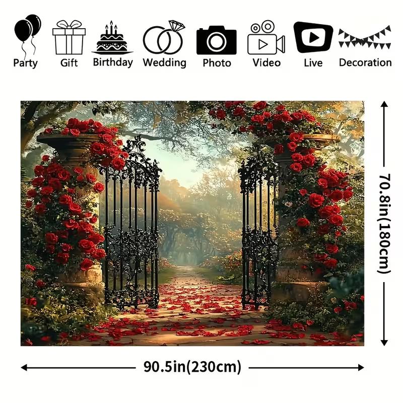2D Red Rose Garden Gate Backdrop Wedding Photography Background