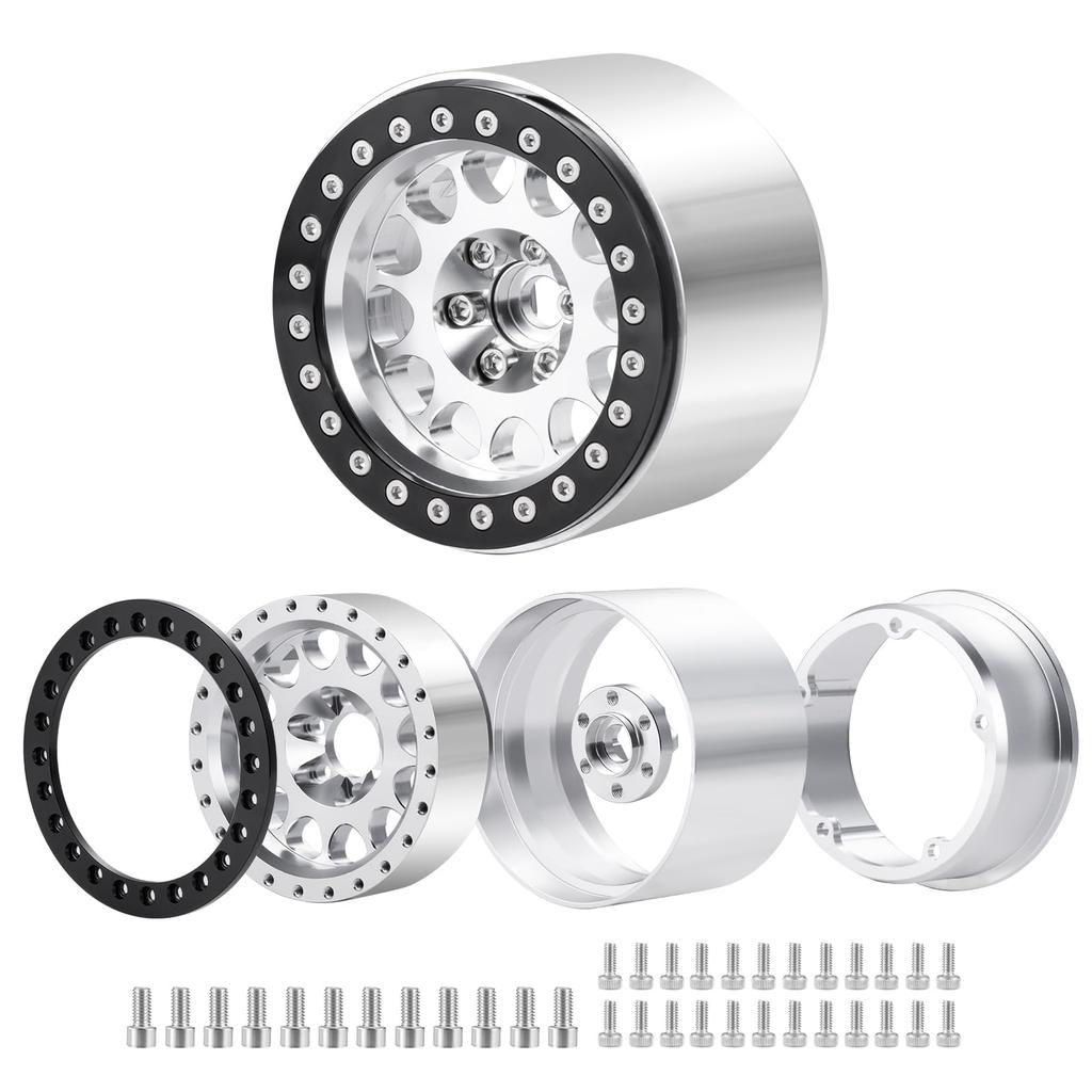 TRZX 4pcs Aluminum Beadlock Rims, 2.2" Wheels, RC Rim Hubs, 45mm, for 110 RC Crawler Axles: SCX10 (90046), TRX4, Wraith (90048), RR10 (Silver + Black)