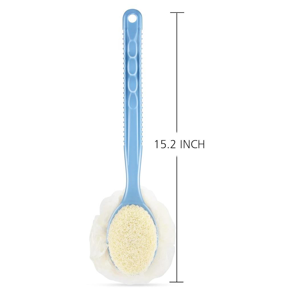 Shower Body Brush with Bristles and Loofah,Back Scrubber Bath Mesh Sponge with Curved Long Handle for Skin Exfoliating Bath, Massage Bristles Suitable
