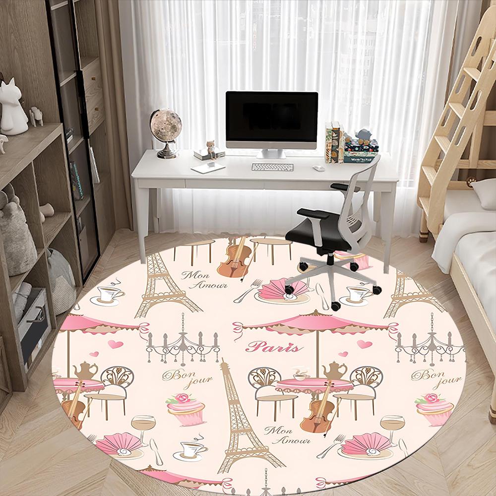 1pc Parisian Tea Party Office Round Rug, Non-slip, Soft and Durable Office Rug for Interior Decoration, Perfect for Office, Beautiful Decoration yy260