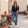 Women's Denim Collar Long Sleeve Pullover Knit Sweater Top with Patchwork Design
