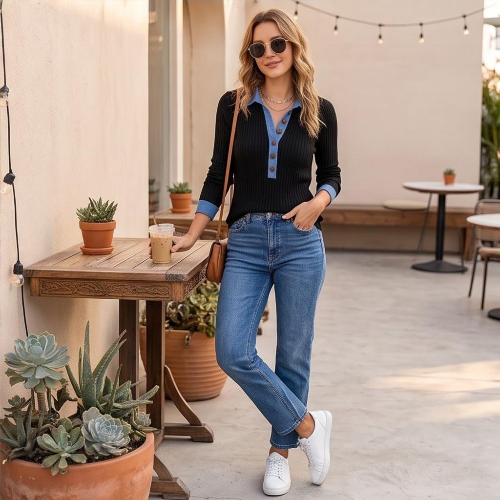 Women's Denim Collar Long Sleeve Pullover Knit Sweater Top with Patchwork Design