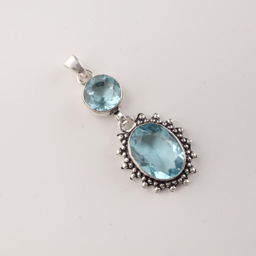 Sky Blue Topaz Gemstone 925 Sterling Silver Handmade Bohemian Pendant 1.7" Partywear Jewelry For Gift VPP-4-14