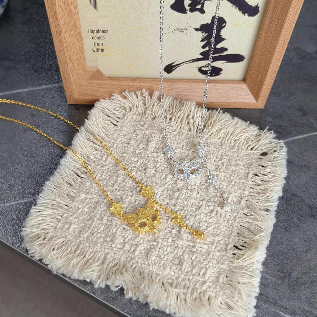 Sterling Silver Fox Mask Necklace with Gilded Flower Tassel - Chinese Style Jewelry, Perfect Birthday Gift for Women