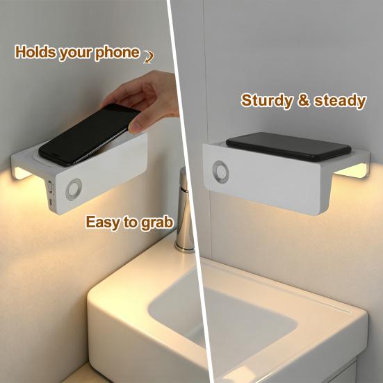 Safety Path Lighting Motion Sensor Night Light with Phone Stand, 3000K Warm Glow, 30 Degrees Downward Beam, No Drill Wall Mount