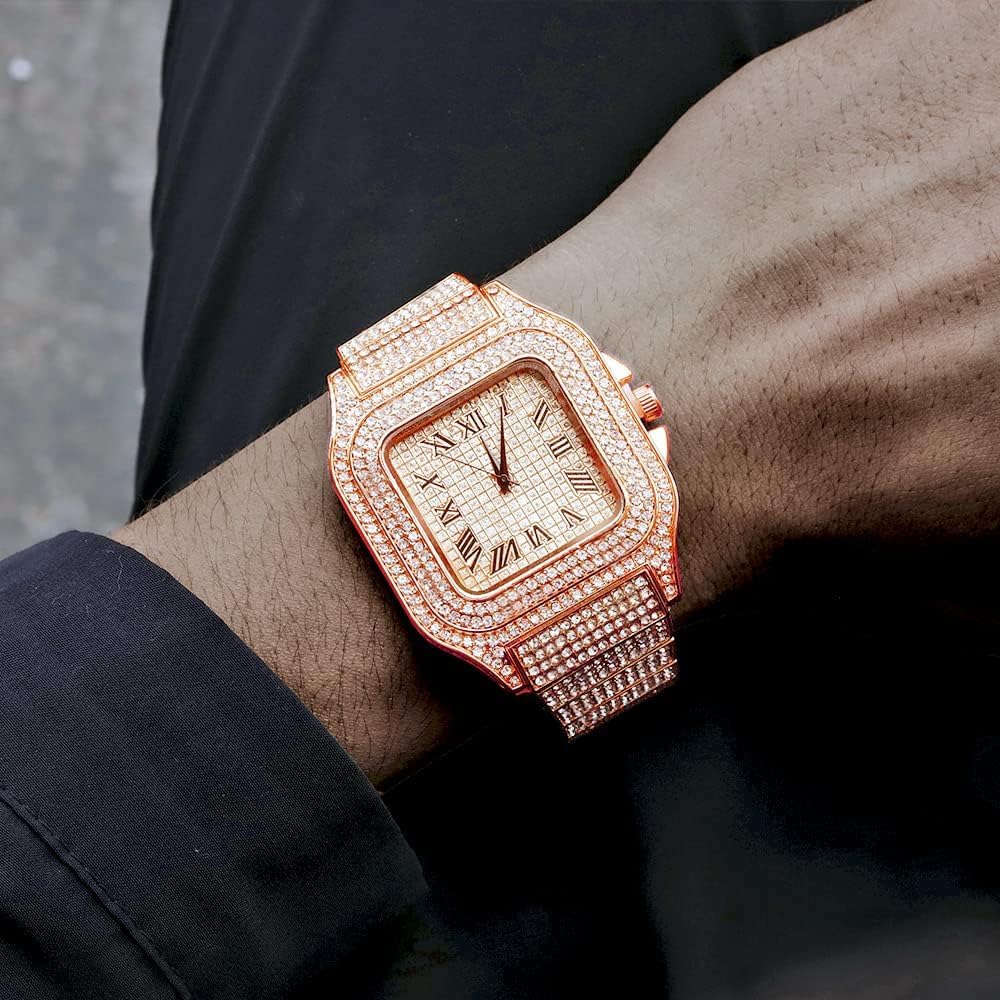 Apzzic Diamond Ice Out Watch CZ Gold Plated 40mm Rose Gold Roman Numerals Dial Quartz Unisex Wristwatch Fashion