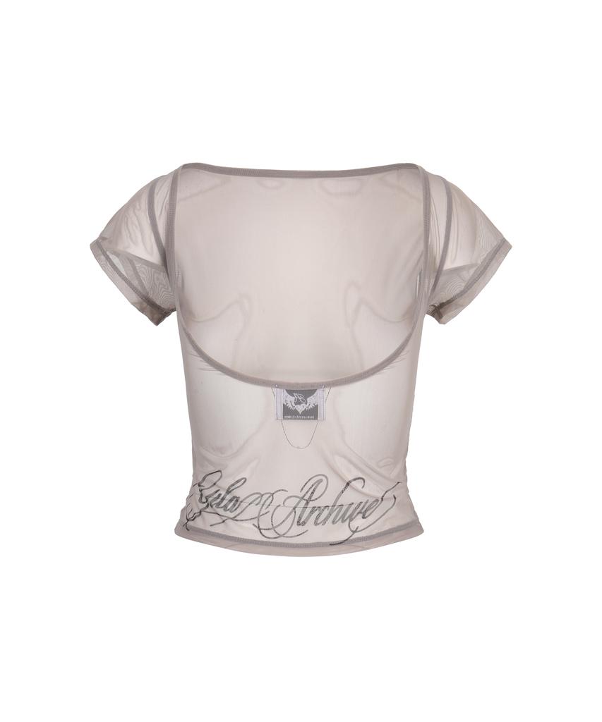 Gillaakaibeu Lettering Logo Backless Sheer Crop Top_Grey