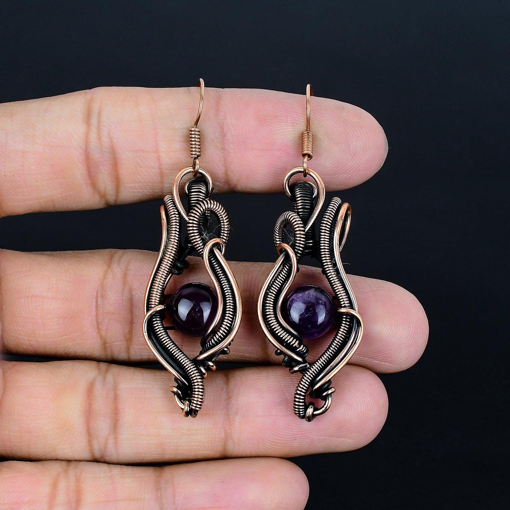 Amethyst Earrings Gemstone Jewelry, 999 Copper Wire Wrapped Earrings, Gift For Women Handmade Earrings