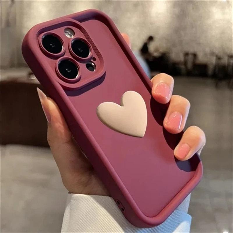 Cute INS 3D Love Heart Silicone Phone Case For iPhone 11 12 13 14 15 Pro Max XS XR 7 8 Plus SE 2026 Shockproof Candy Cover