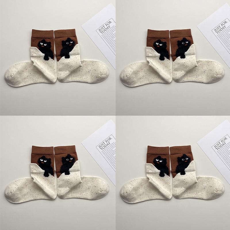 4 Pairs Cartoon Cute Cat Cotton Socks Women Girls Middle Tube Sleep Floor Socks