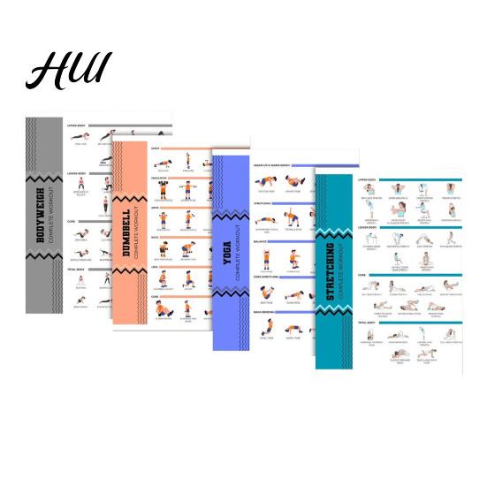 Yoga Fitness Poster 4Pcs Dumbbell Workout Set Full Body Strength Stretching & Bodyweight Routine Planner Exercise Chart for Home Gym Illustrated Guide Sets