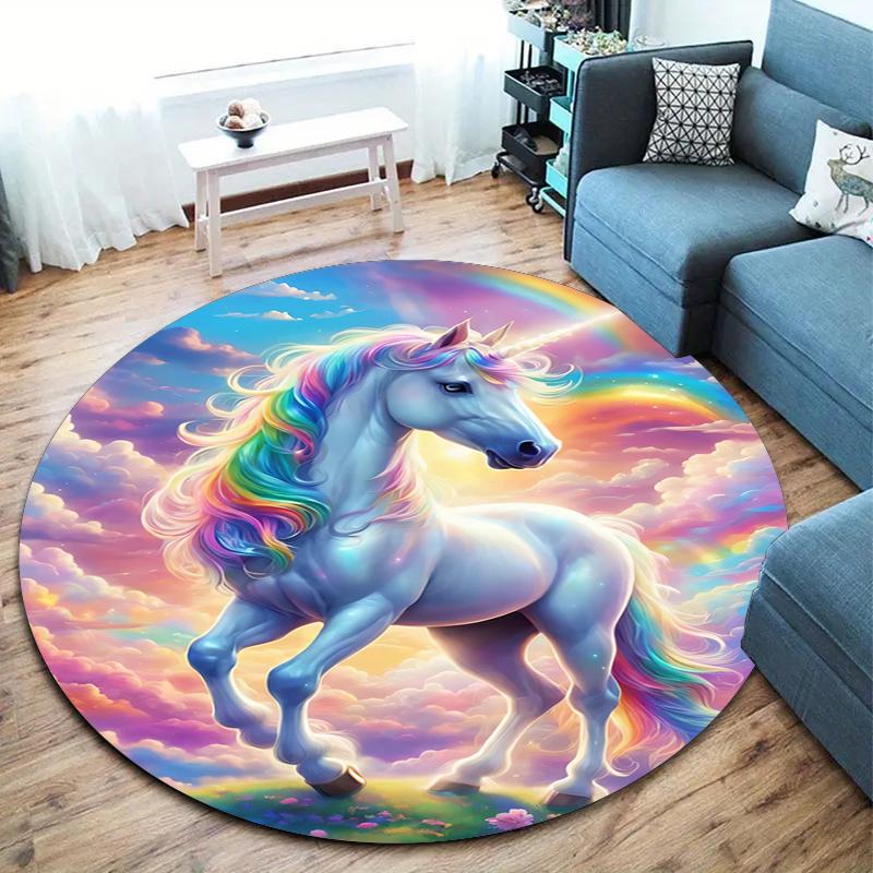 1Pc Cute Unicorn Circular Print Rug - Home Decoration Carpet For Living Room Bedroom Flooring Computer Chair Area Rug