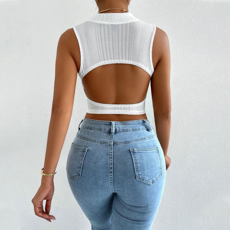 Foreign Trade Women's Clothing Pullover round Neck Sleeveless Midriff-Baring Short Vest Female Summer Outer Wear Inner Wear Micro Open Back Tops
