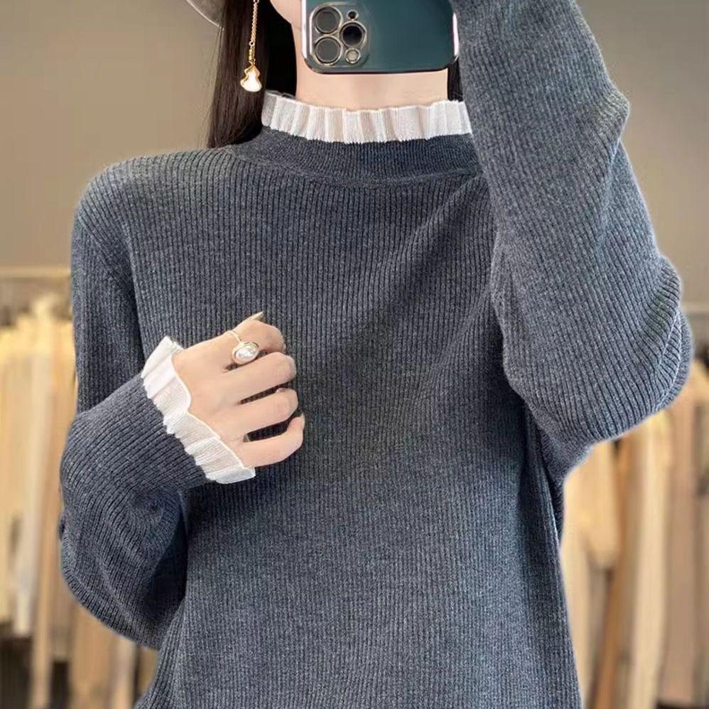 Spitzenpullover mit hohem Kragen Damen Herbst und Winter Neuer Stil Stilvoll Lockere Passform Übergröße Basis Strickoberteil