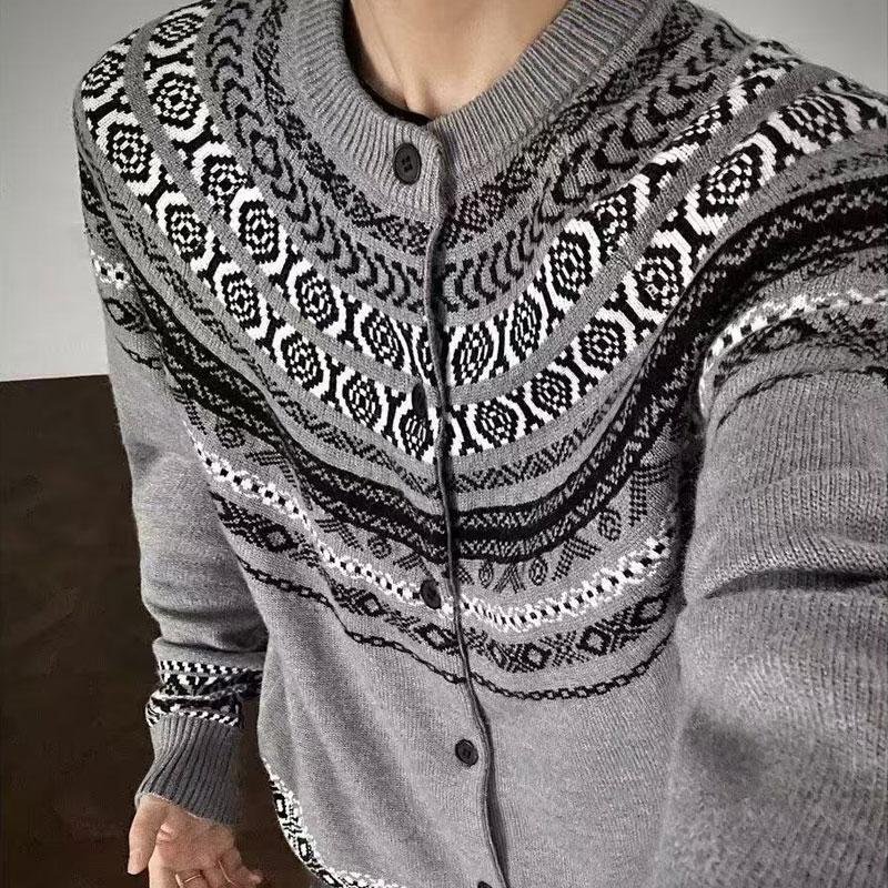 Осенние Зимние Винтажные Свитеры в Стиле Фейр-Айл Американская Сшитая Народная Мужская Одежда Повседневная Круглая Шея Пуговицы Свободный Вязаный Кардиган L 3760₽