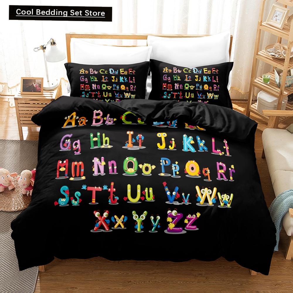 Zestaw pościeli Alphabet Lore Pojedynczy Bliźniaczy Pełny Queen King Size Zestaw do łóżka Dziecięcy Dziewczęcy Chłopięcy Do sypialni Zestawy poszewek na kołdrę Pościel anime