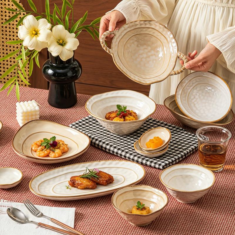 Vintage Luxury Kiln‑Change Glaze Ceramic Tableware, Embossed Double‑Line Round Bowl Plate Microwave‑Safe for Home Hotel & Gifting