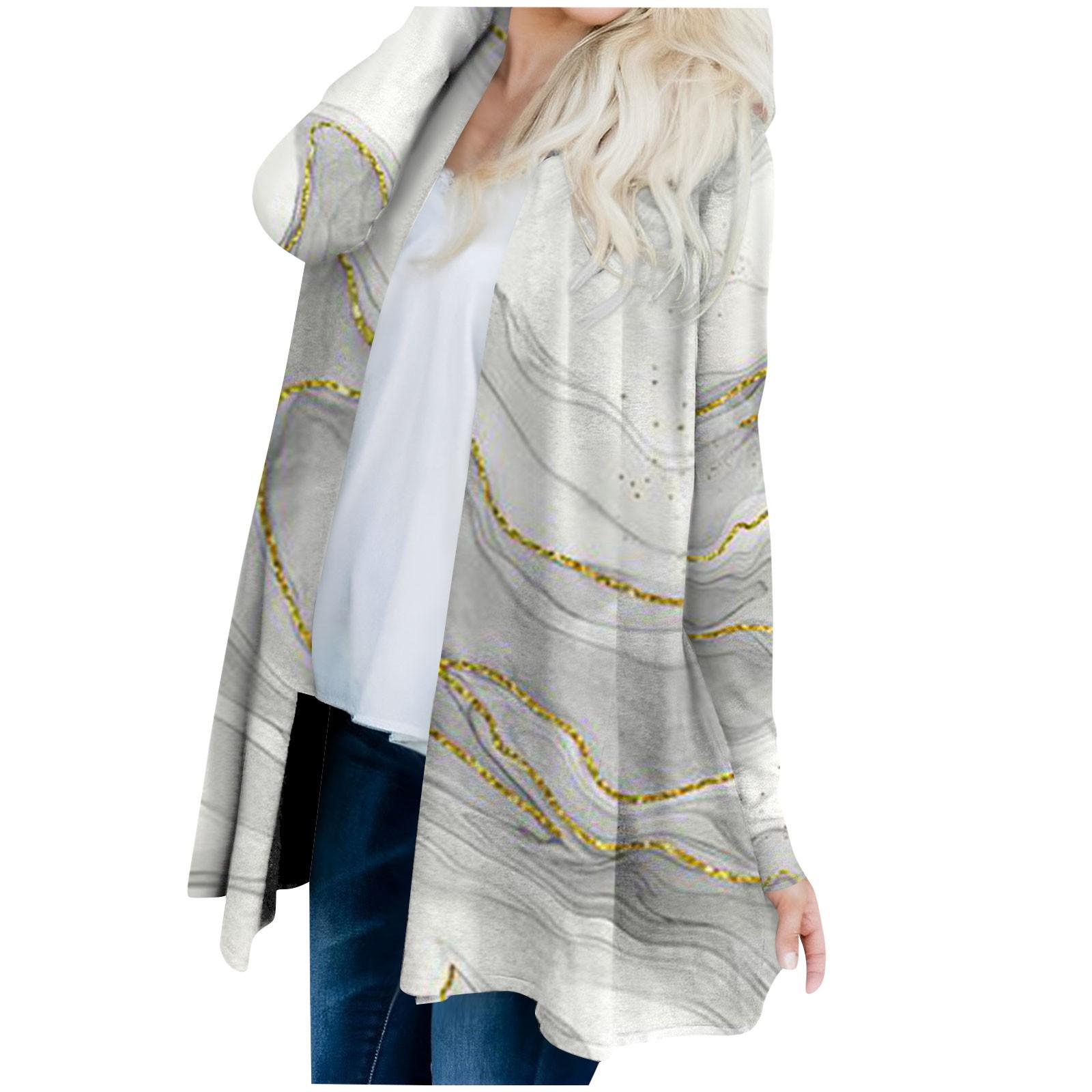 

Женская модная повседневная куртка-кардиган с принтом средней длины, пальто XL светло-серый