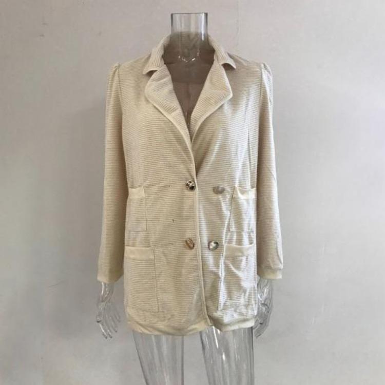Women Fall Coat Long Sleeve Tweed Blazer Jacket Double Breasted Notched Lapel Ribbed Open Front with Pockets