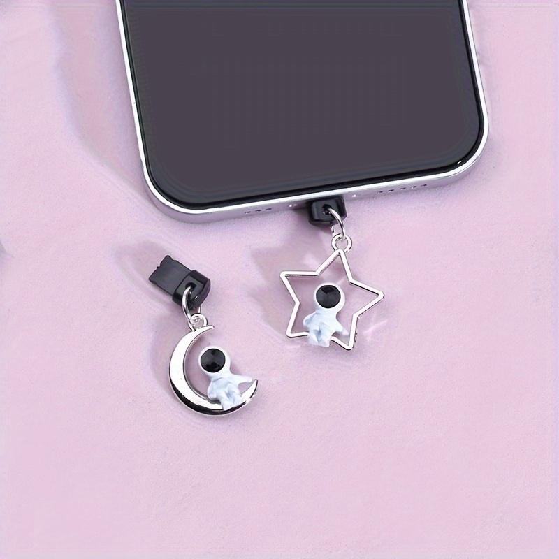 2 pièces Bouchon anti-poussière pour téléphone portable DIY Stéréo Astronaute Étoile Lune Pendentif Téléphone portable, Décorations de téléphone portable