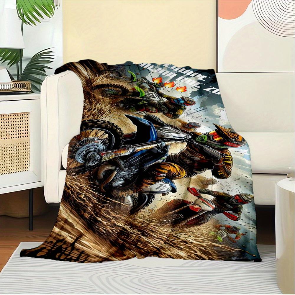 For Motocross,Dirt Track,Extreme Sports-Themed Flannel Blanket, Glam Style, Digital Print, All-Season Comfort, Tear-Resistant, Knitted Craft