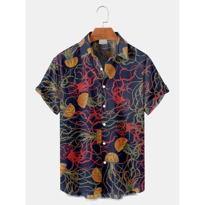 Fashion Men's Casual Sea Life Graphics Short Sleeve Shirt Button Down Lapel Shirts Oversized Tops Casual Hawaiian Shirt for Man