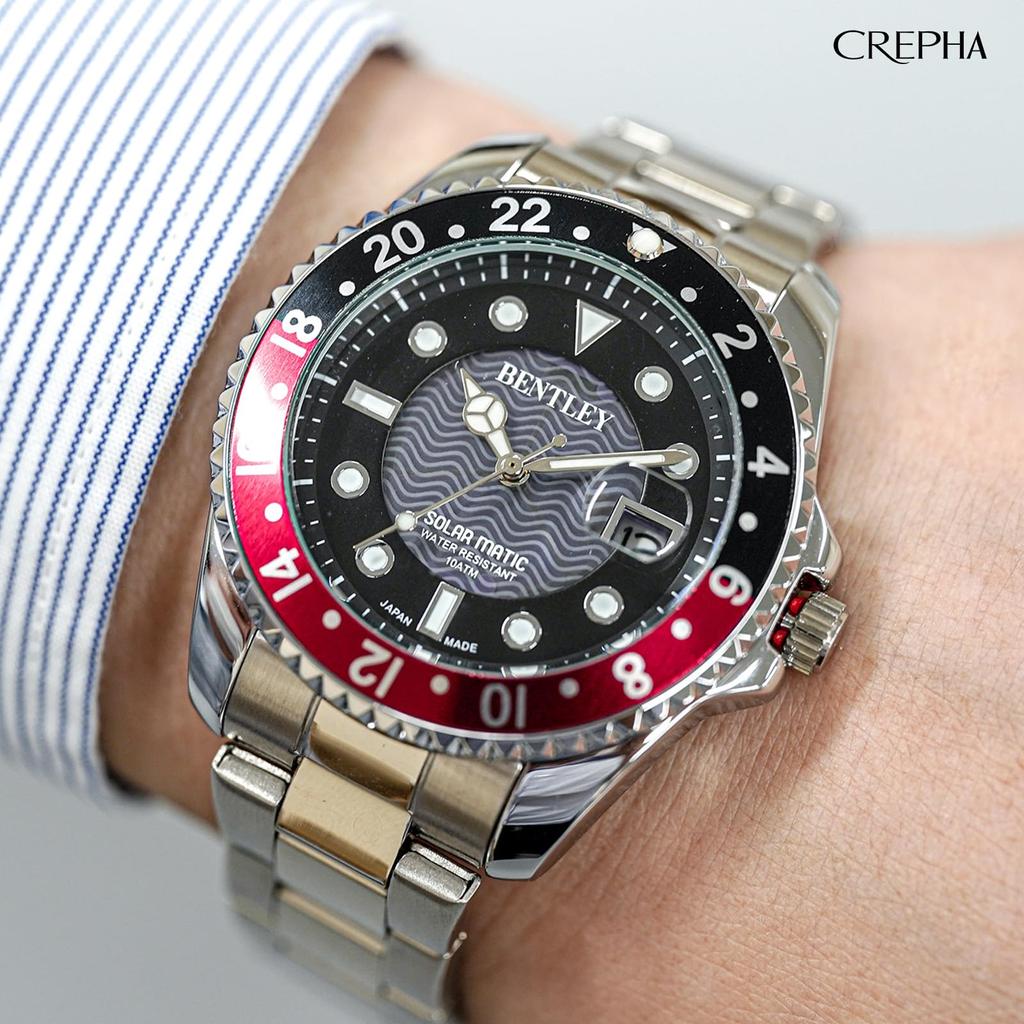 CREPHA Analog Waterproof Metal Band Bentley Red (Klepha) Men's Solar-Powered Watch, BT-AM388-RDS