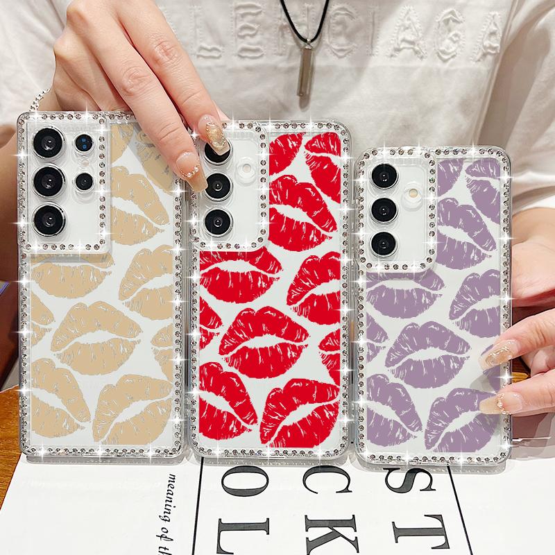 Diamond Frame Lips Print Soft Silicone Case For Samsung S25 Edge S24 FE S23 Ultra S22 A16 A56 A36 A15 A55 A35 Clear Shockproof Phone Cover