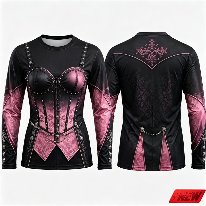 Gothic Vampire Costume Long Sleeve T‑Shirt Men 3D Print Fake Jacket Shirt Graphic Novelty Tee Halloween Cosplay Party Top