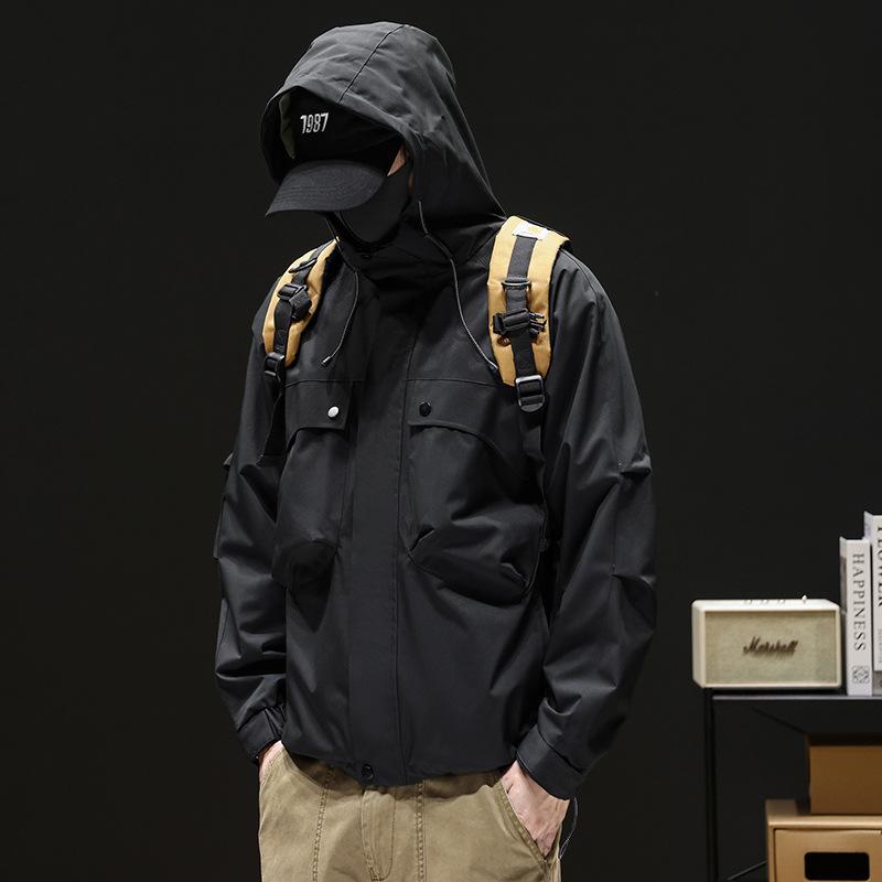 Men s Hooded Windbreaker Jacket - Yellow Outdoor Waterproof Zipper Pocket Casual Coat S чёрный