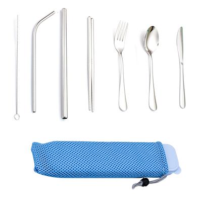 Set di Posate Portatili Piatte 7 Pezzi Riutilizzabili Acciaio Inossidabile 304 Forchetta Coltello Cucchiaio Bacchette Cannuccia Pulizia
