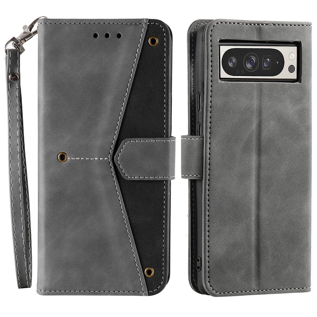 For Google Pixel 9 Pro XL Leather Case Splicing Stitching Wallet Stand Phone Cover with Strap
